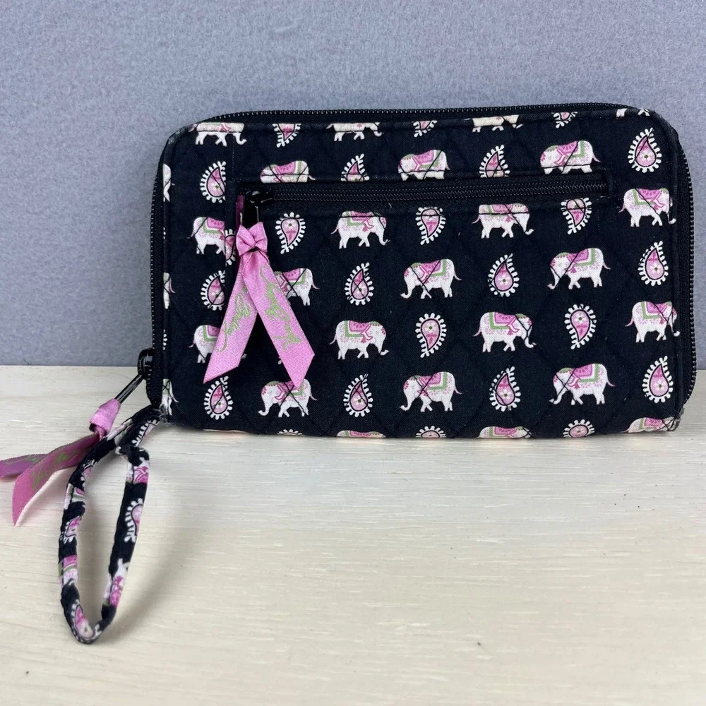 Vera Bradley Elephant Parade Quilted Wristlet Wallet Black Pink Zip Around